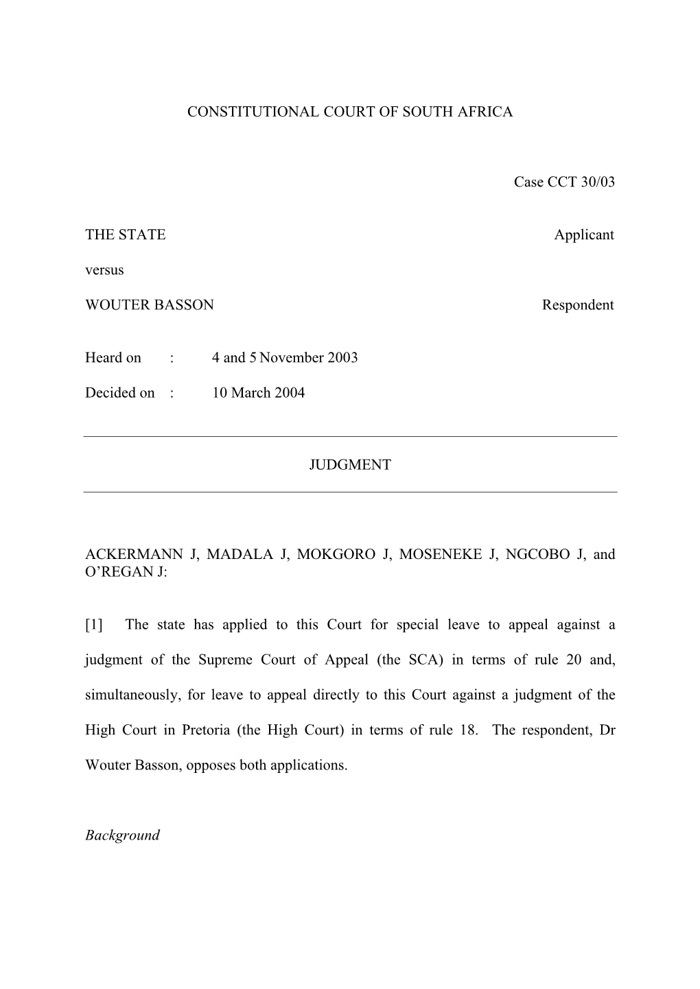 CONSTITUTIONAL COURT of SOUTH AFRICA Case CCT