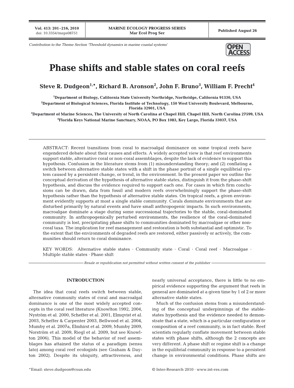 Phase Shifts and Stable States on Coral Reefs