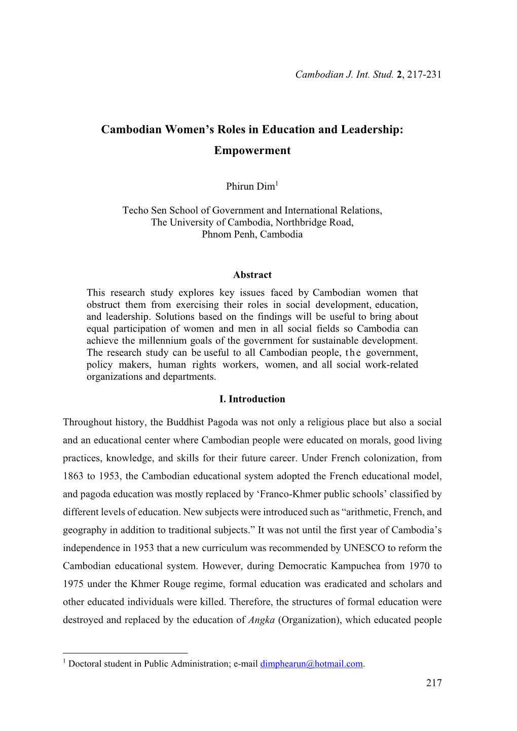 Cambodian Women's Roles in Education and Leadership