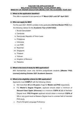 Faq for the Application of Malaysia International Scholarship (Mis), Ministry of Higher Education (Mohe) for the Academic Year 2021