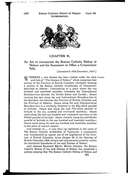 CHAPTER 81. an Act to Incorporate the Roman Catholic Bishop of Nelson and His Successors in Office a Corporation Sole