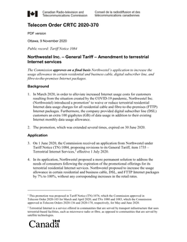 Northwestel Inc. – General Tariff – Amendment to Terrestrial Internet Services