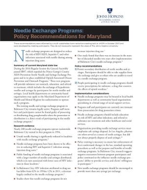 Needle Exchange Programs: Policy Recommendations for Maryland