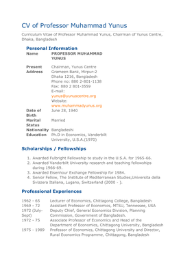CV of Professor Muhammad Yunus