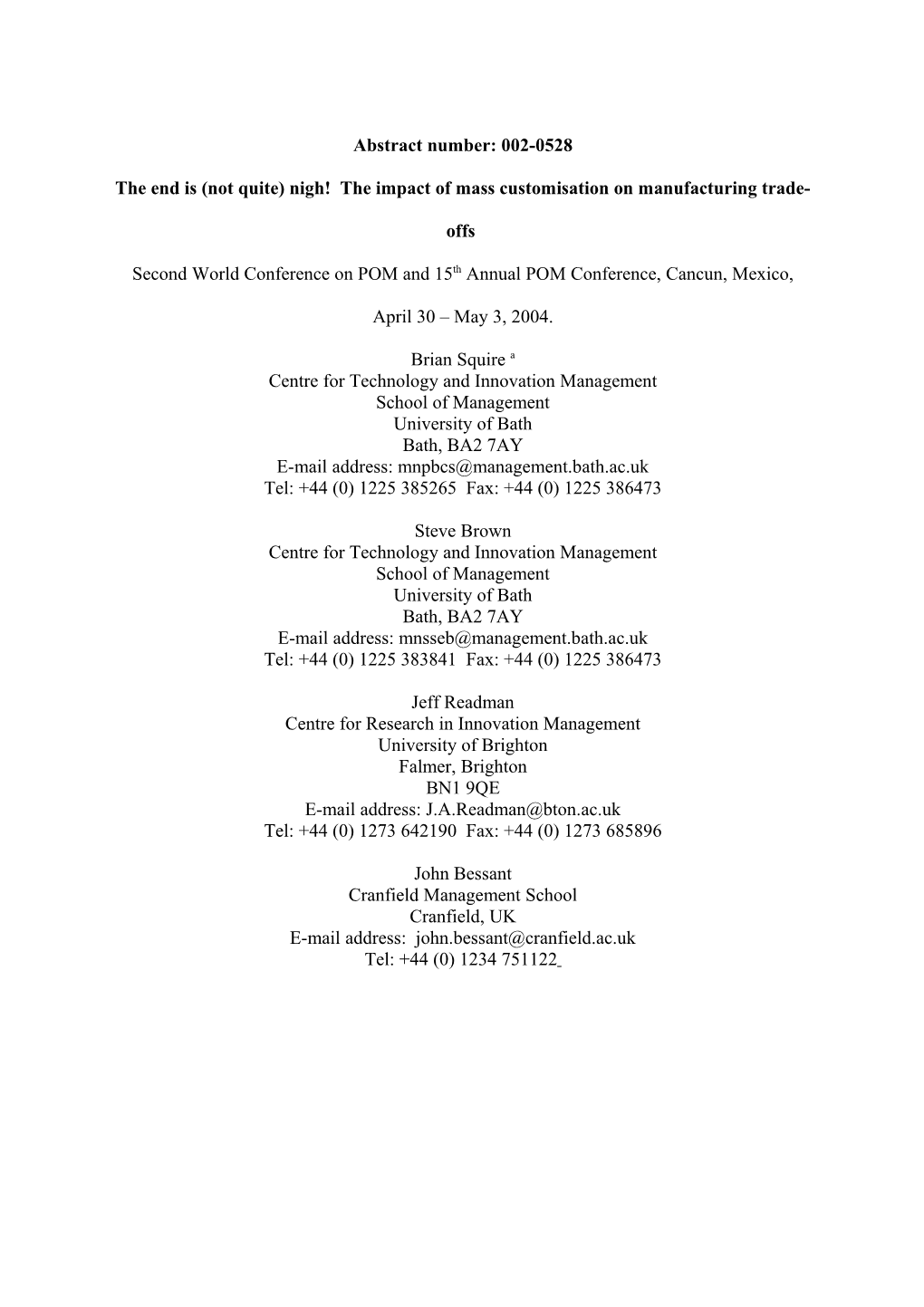 Table 1: Differences in Costs Across Product Types