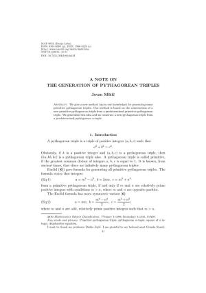 A Note on the Generation of Pythagorean Triples