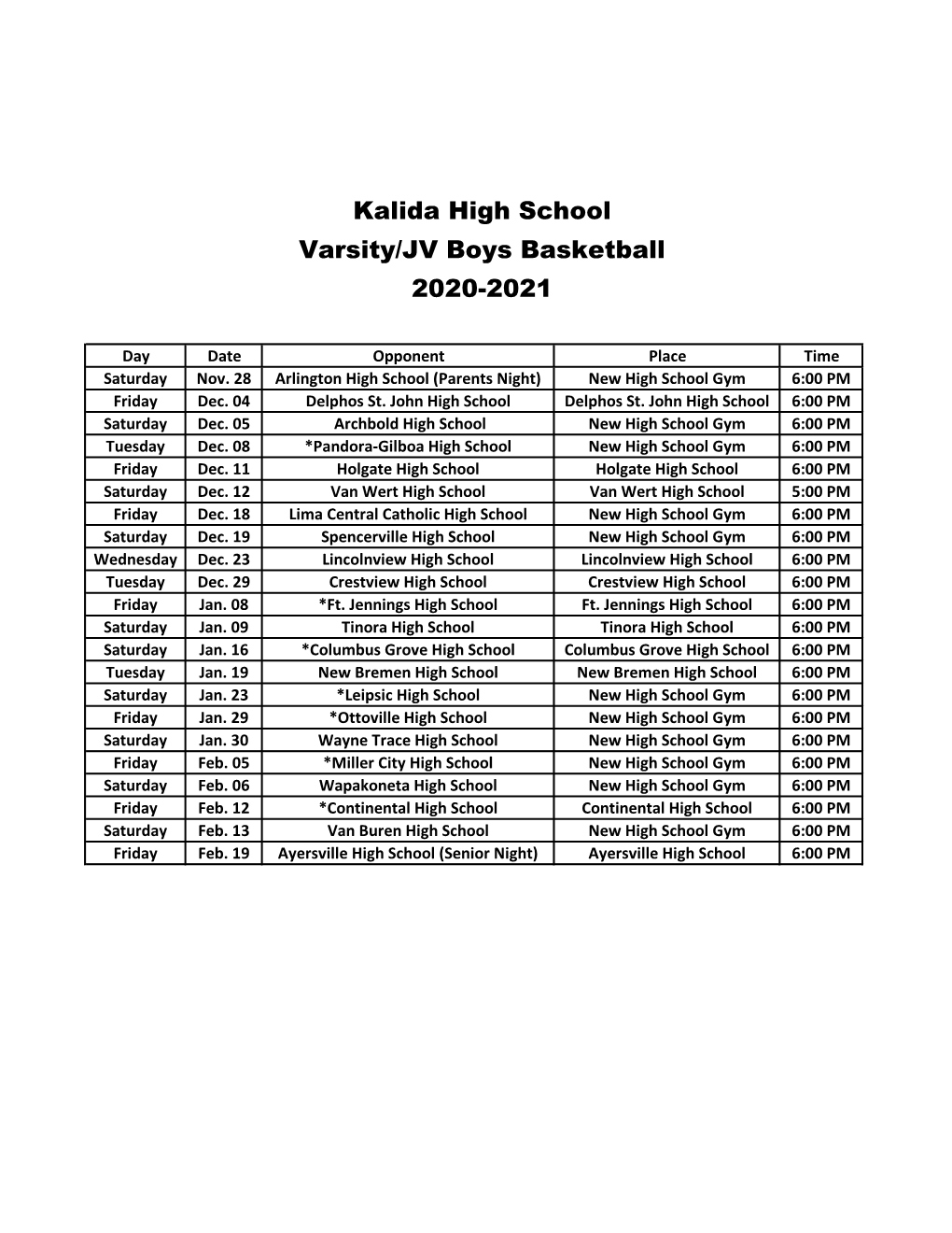 Kalida High School Varsity/JV Boys Basketball 2020-2021