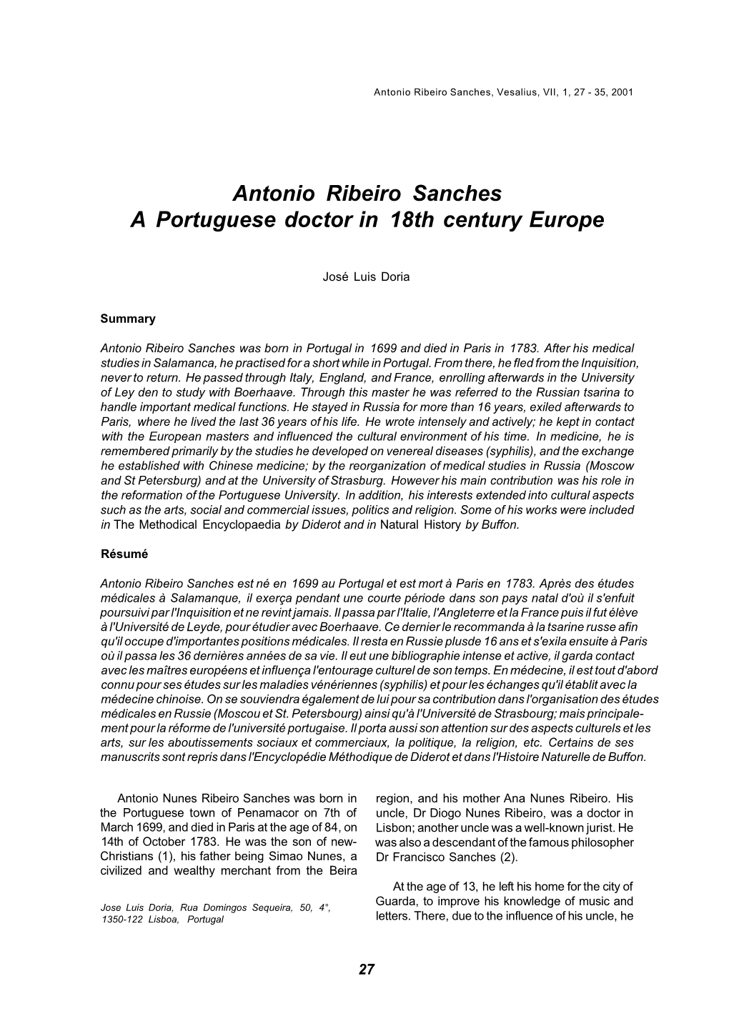 Antonio Ribeiro Sanches a Portuguese Doctor in 18Th Century Europe