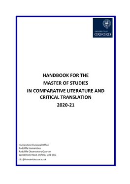Handbook for the Master of Studies in Comparative Literature and Critical Translation 2020-21