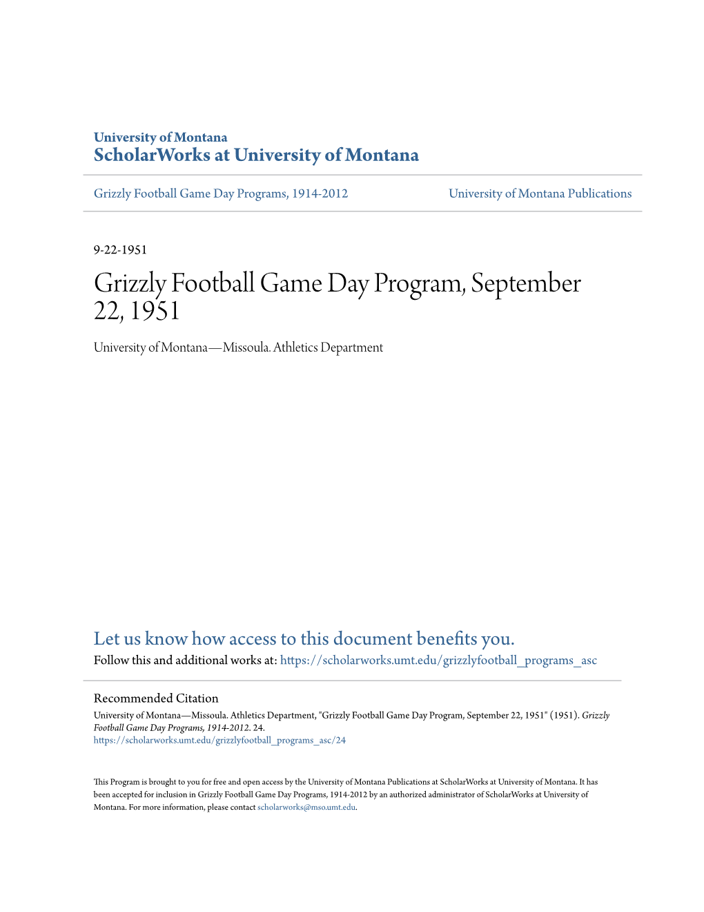 Grizzly Football Game Day Program, September 22, 1951 University of Montana—Missoula