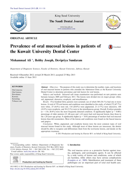 Prevalence of Oral Mucosal Lesions in Patients of the Kuwait University Dental Center