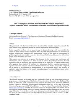 The Challenge of “Human” Sustainability for Indian Mega-Cities: Squatter Settlements, Forced Evictions and Resettlement & Rehabilitation Policies in Delhi