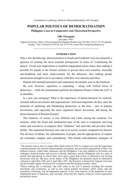 POPULAR POLITICS of DEMOCRATISATION Philippine Cases in Comparative and Theoretical Perspective