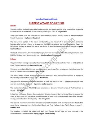CURRENT AFFAIRS of JULY 2016 Awards