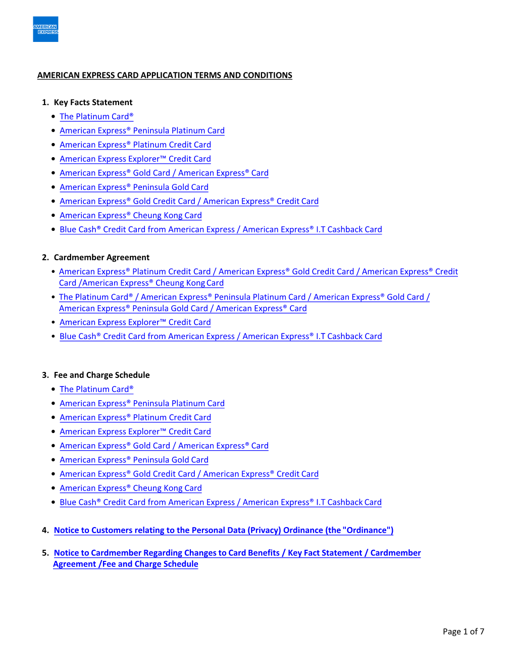 Page 1 of 7 AMERICAN EXPRESS CARD APPLICATION TERMS AND