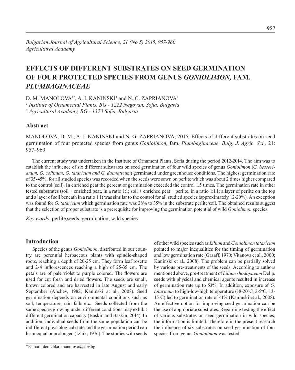 Effects of Different Substrates on Seed Germination of Four Protected Species from Genus Goniolimon, Fam