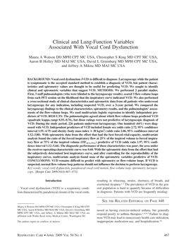 Clinical and Lung-Function Variables Associated with Vocal Cord Dysfunction