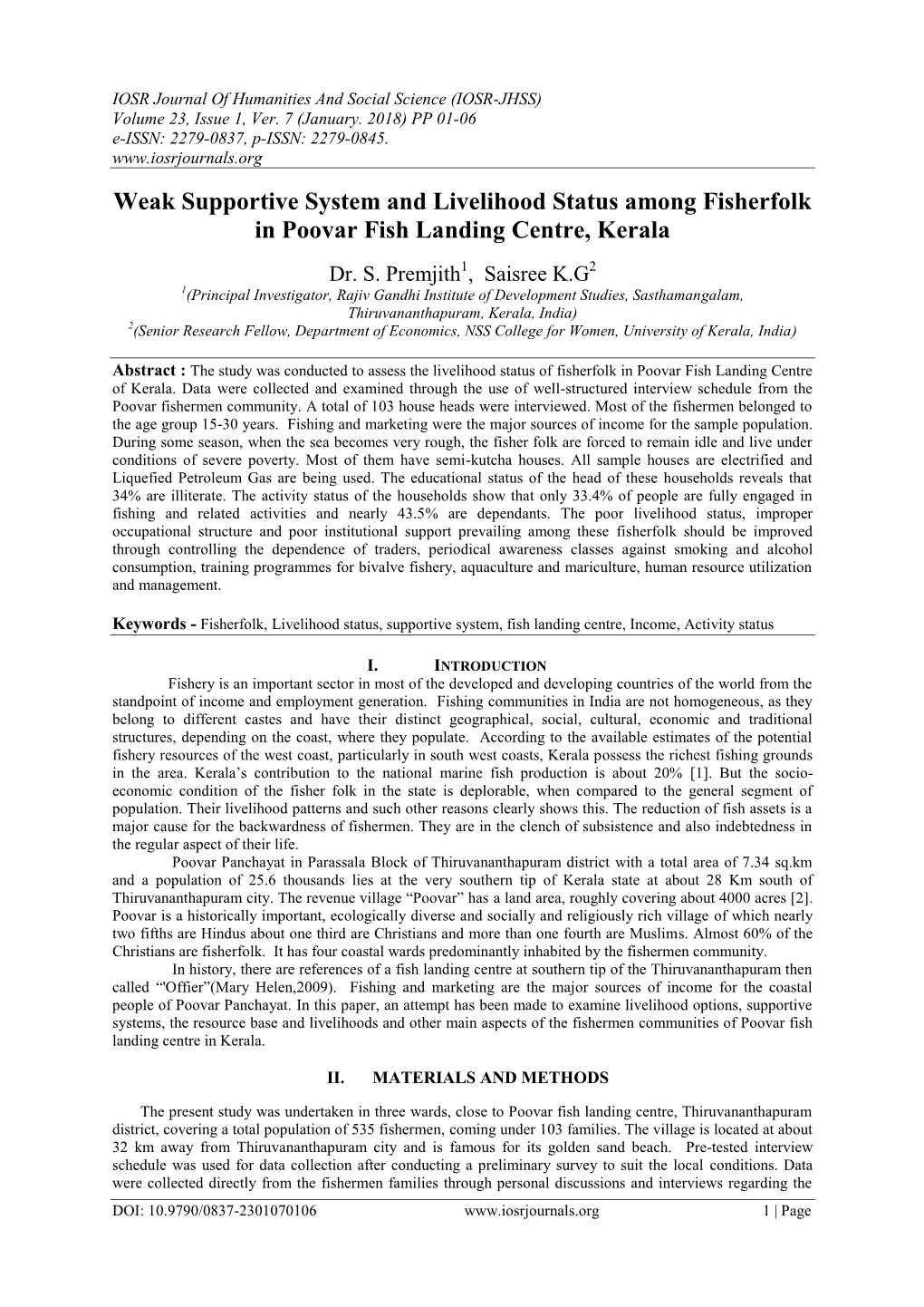 Weak Supportive System and Livelihood Status Among Fisherfolk in Poovar Fish Landing Centre, Kerala