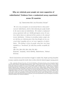 Why Are Relatively Poor People Not More Supportive of Redistribution? Evidence from a Randomized Survey Experiment Across 10 Countries