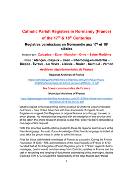 Catholic Parish Registers in Normandy (France) of the 17Th & 18Th Centuries Registres Paroissiaux En Normandie Aux 17E Et 18E Siècles