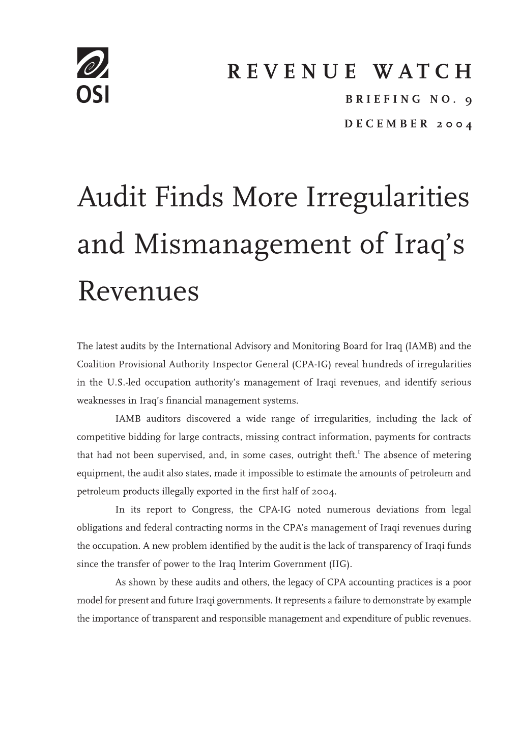 Audit Finds More Irregularities and Mismanagement of Iraq's Revenues