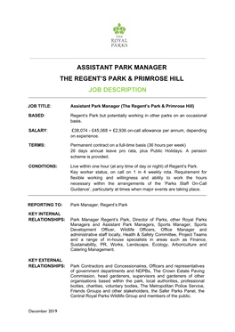 Assistant Park Manager the Regent's Park & Primrose