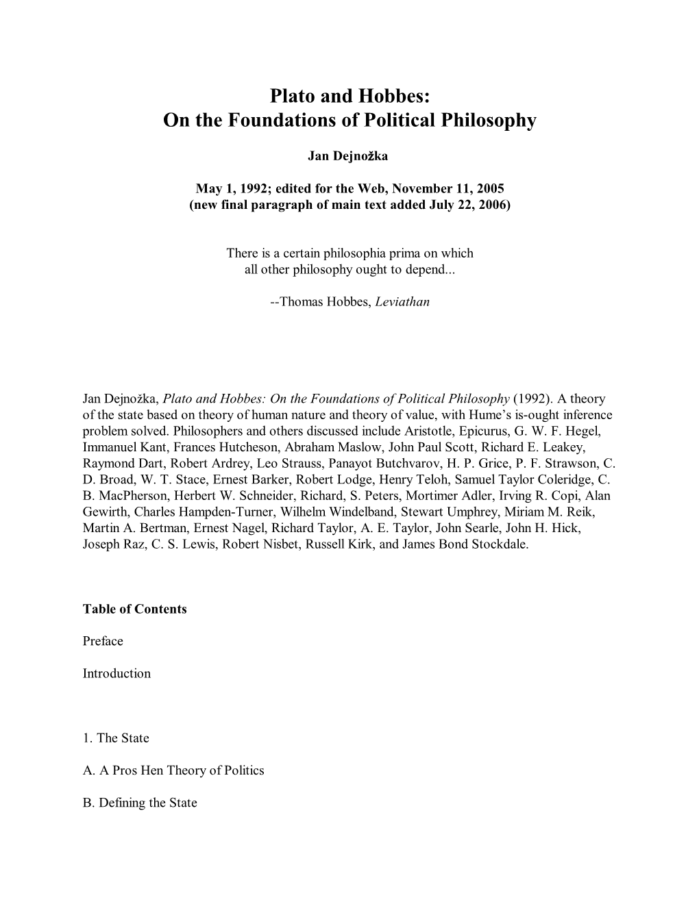 Plato and Hobbes: on the Foundations of Political Philosophy