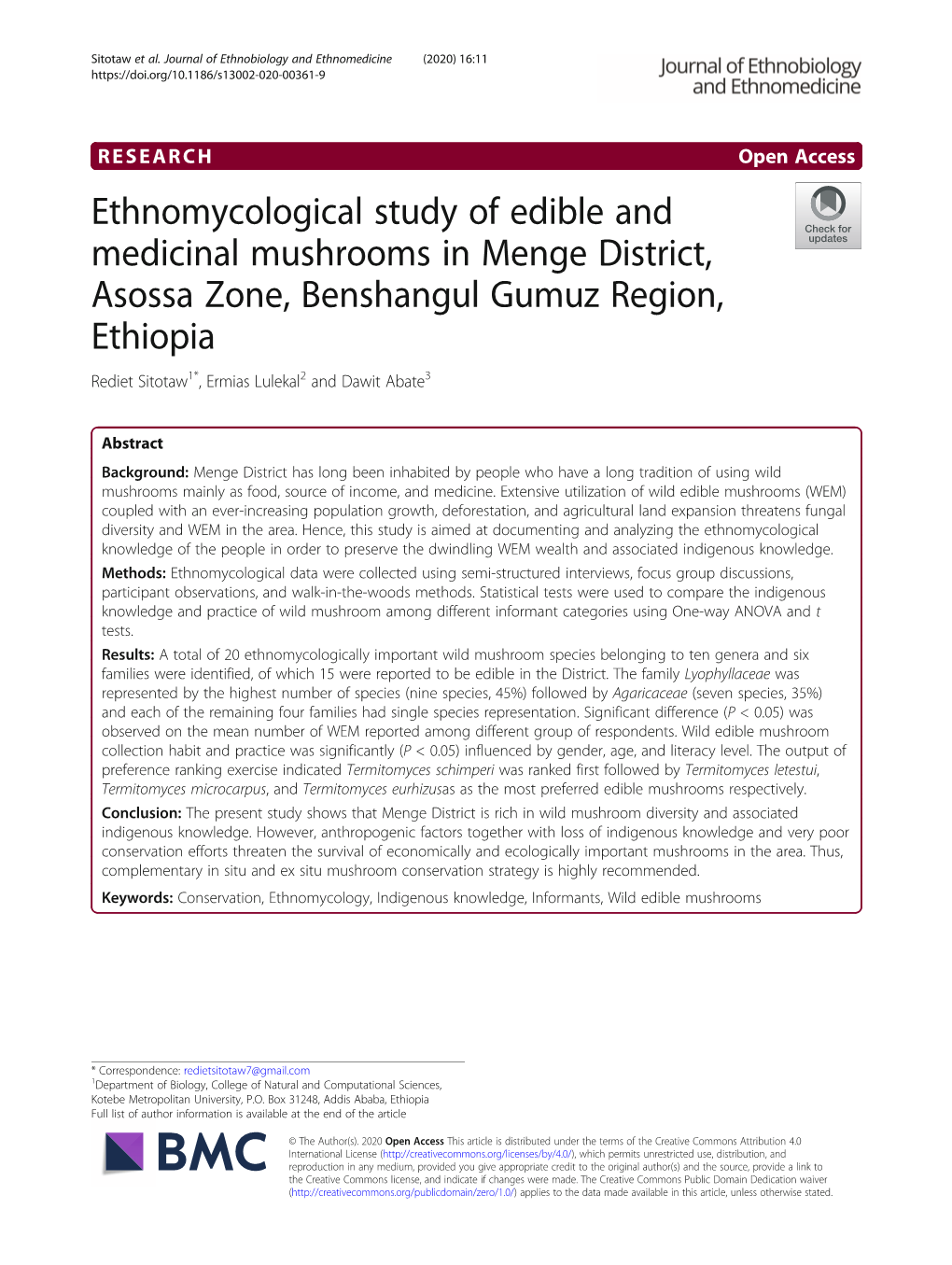 Ethnomycological Study of Edible and Medicinal Mushrooms in Menge