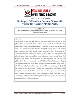 The Impact of Soo Ham Soo and Wahdat-Ul- Wajood on Kashmiri Mystic Poetry