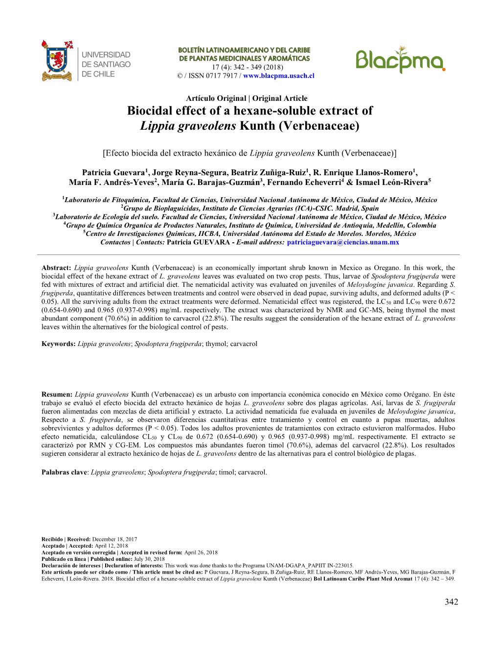 Biocidal Effect of a Hexane-Soluble Extract of Lippia Graveolens Kunth (Verbenaceae)