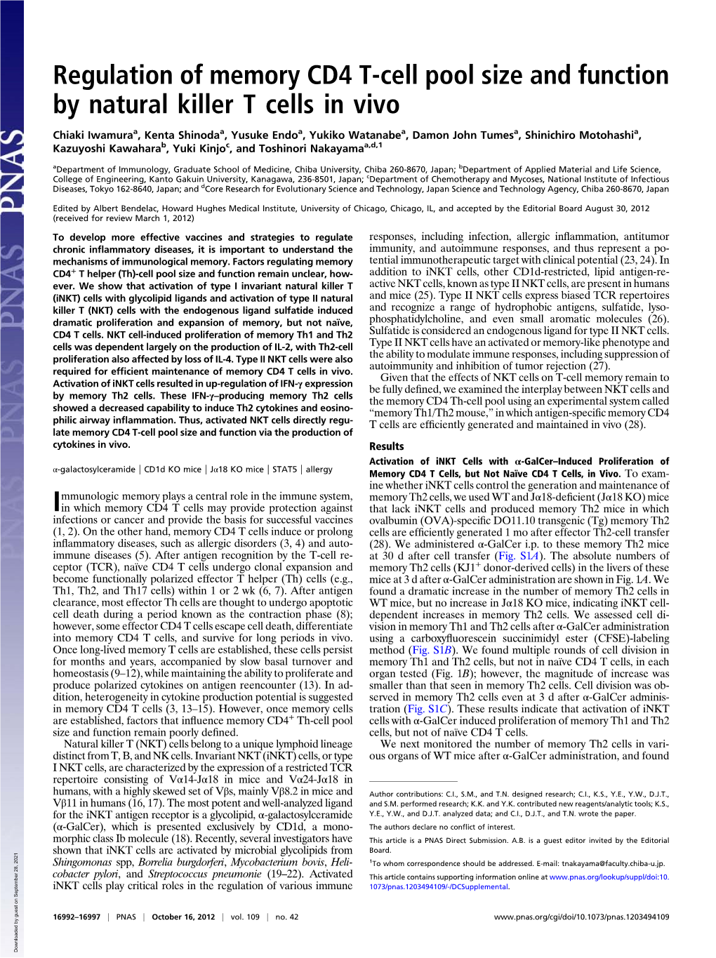 Regulation of Memory CD4 T-Cell Pool Size and Function by Natural Killer T Cells in Vivo