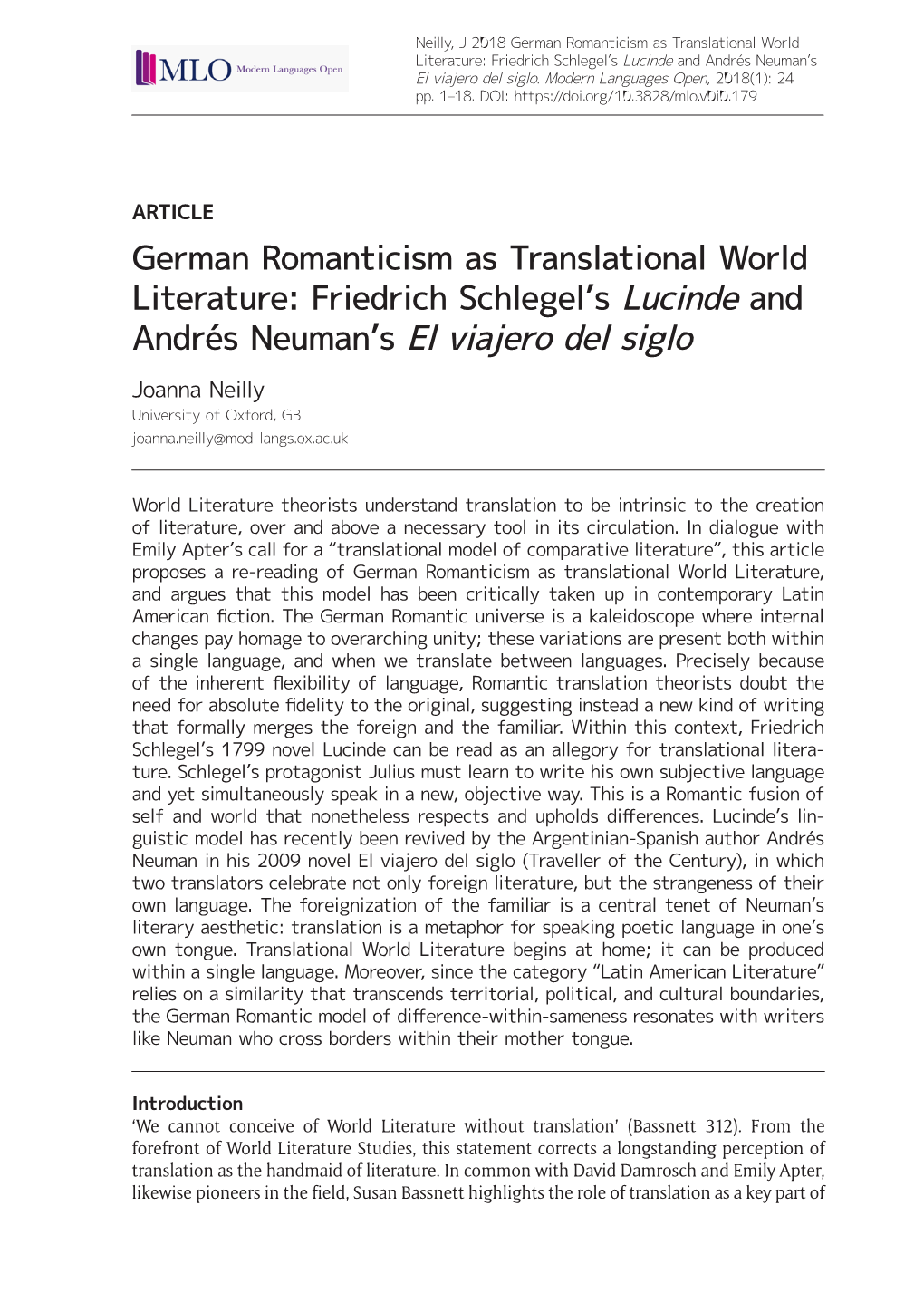 German Romanticism As Translational World Literature: Friedrich Schlegel's Lucinde and Andrés Neuman's El Viajero Del Siglo