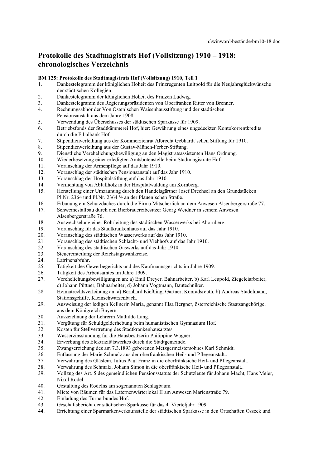 Protokolle Des Stadtmagistrats Hof (Vollsitzung) 1910 – 1918: Chronologisches Verzeichnis