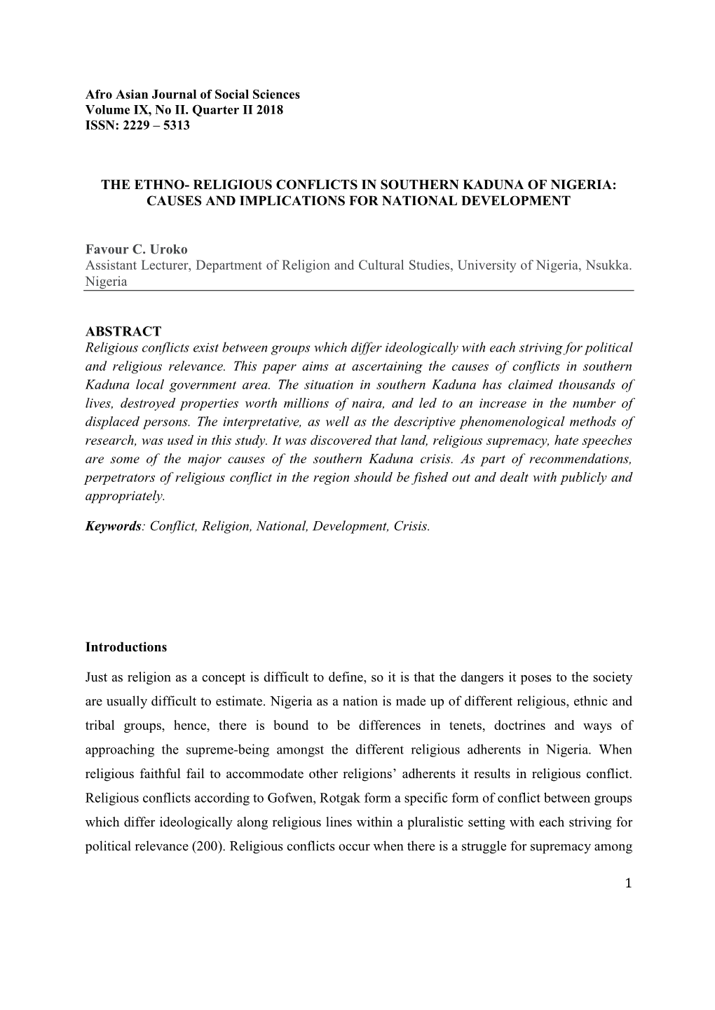 Religious Conflicts in Southern Kaduna of Nigeria: Causes and Implications for National Development