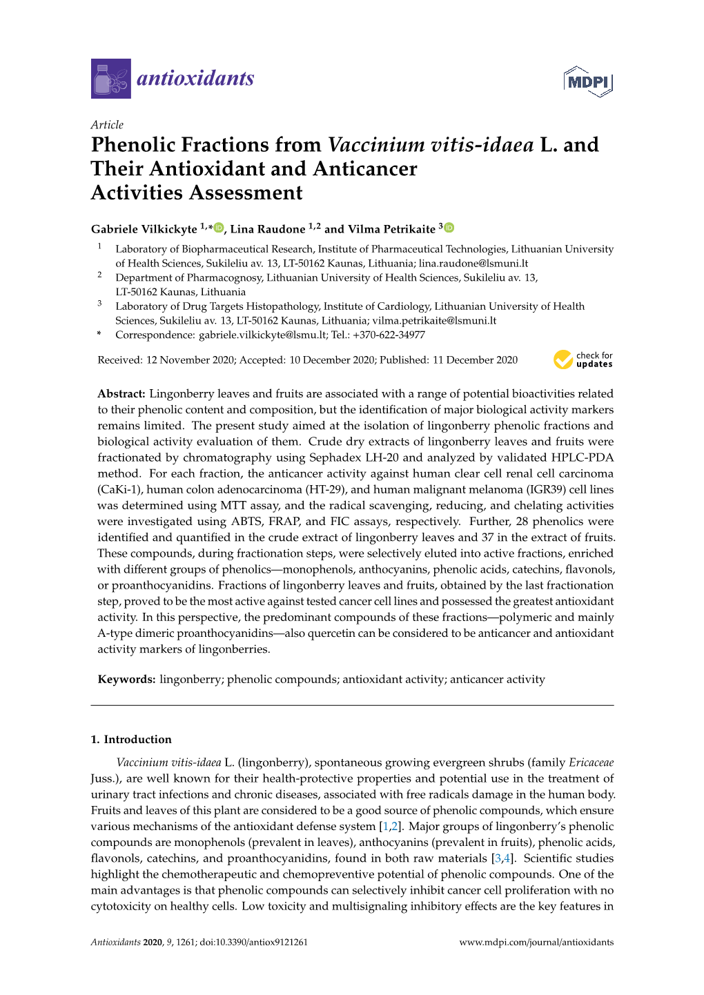 Phenolic Fractions from Vaccinium Vitis-Idaea L. and Their Antioxidant and Anticancer Activities Assessment
