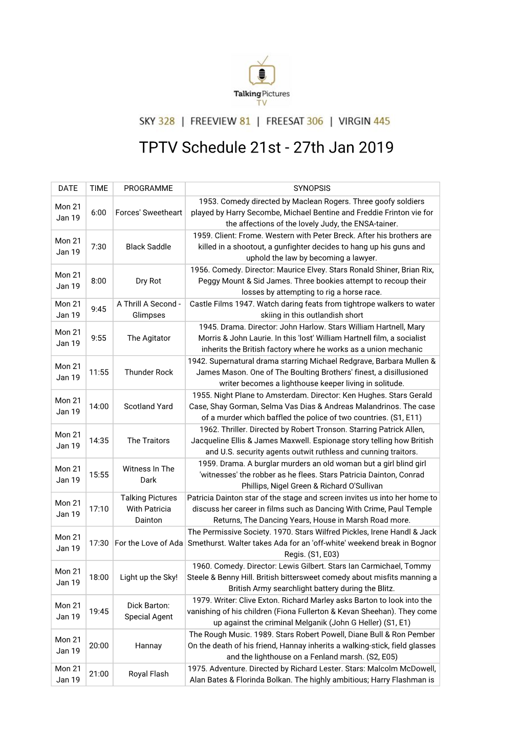 TPTV Schedule 21St - 27Th Jan 2019