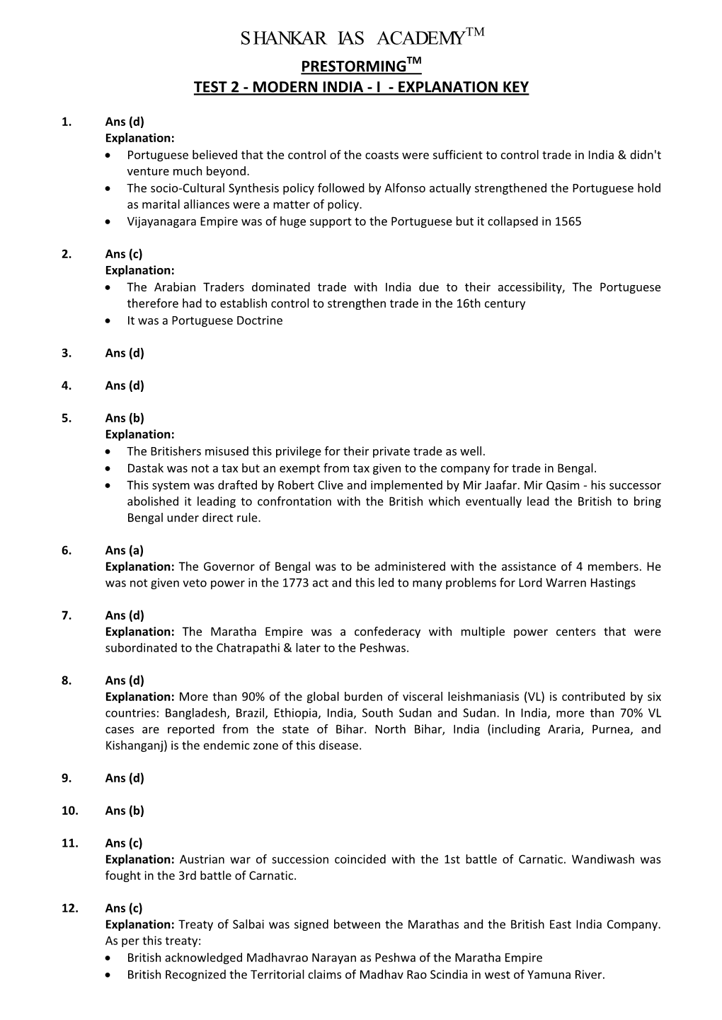 Shankar Ias Academytm Prestormingtm Test 2 - Modern India - I - Explanation Key