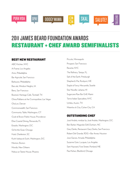 2011 James Beard Foundation Awards Restaurant + Chef Award Semifinalists