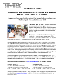 Motivational New Game-Based Math Program Now Available to West Central Florida 4Th- 8Th Graders