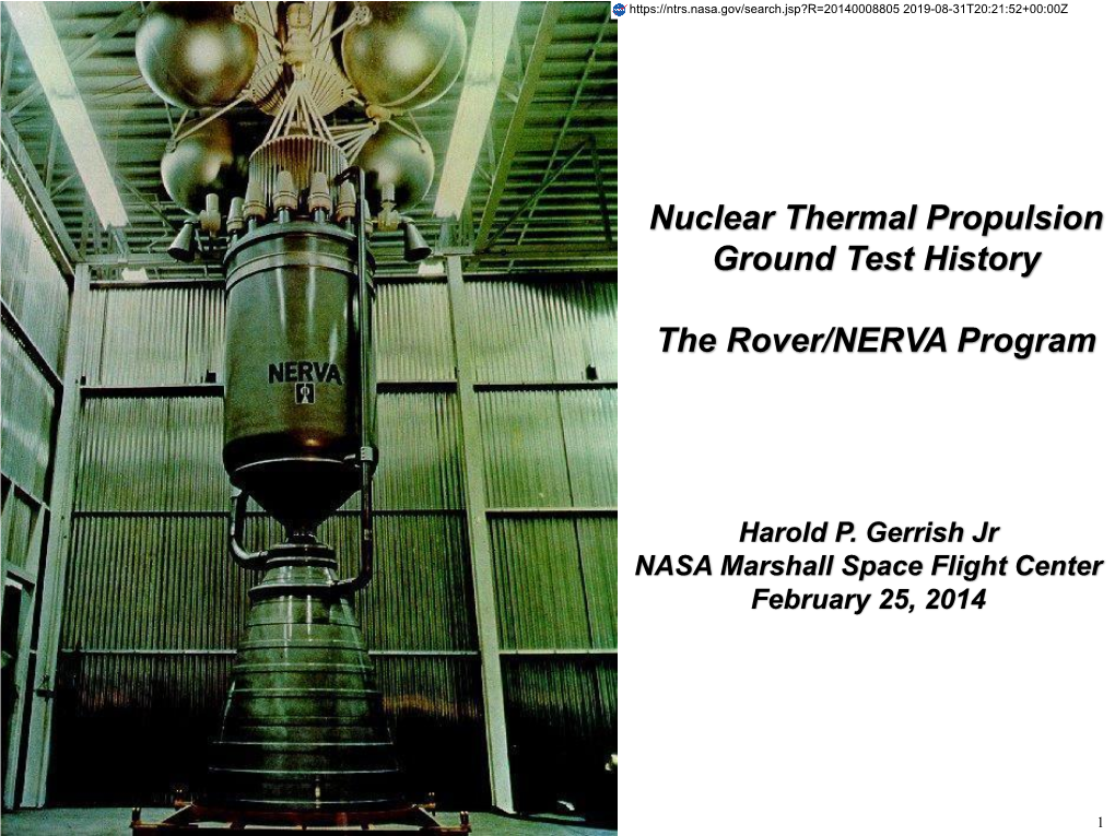 Nuclear Thermal Propulsion Ground Test History The Rover/NERVA Program ...