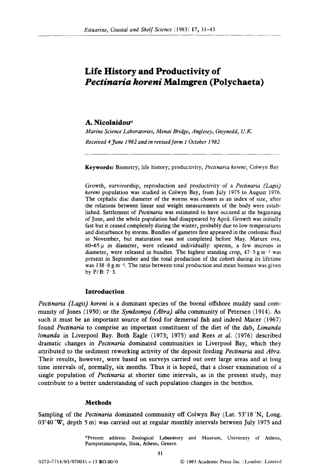 Life History and Productivity of Pectinaria Koreni Malmgren (Polychaeta)