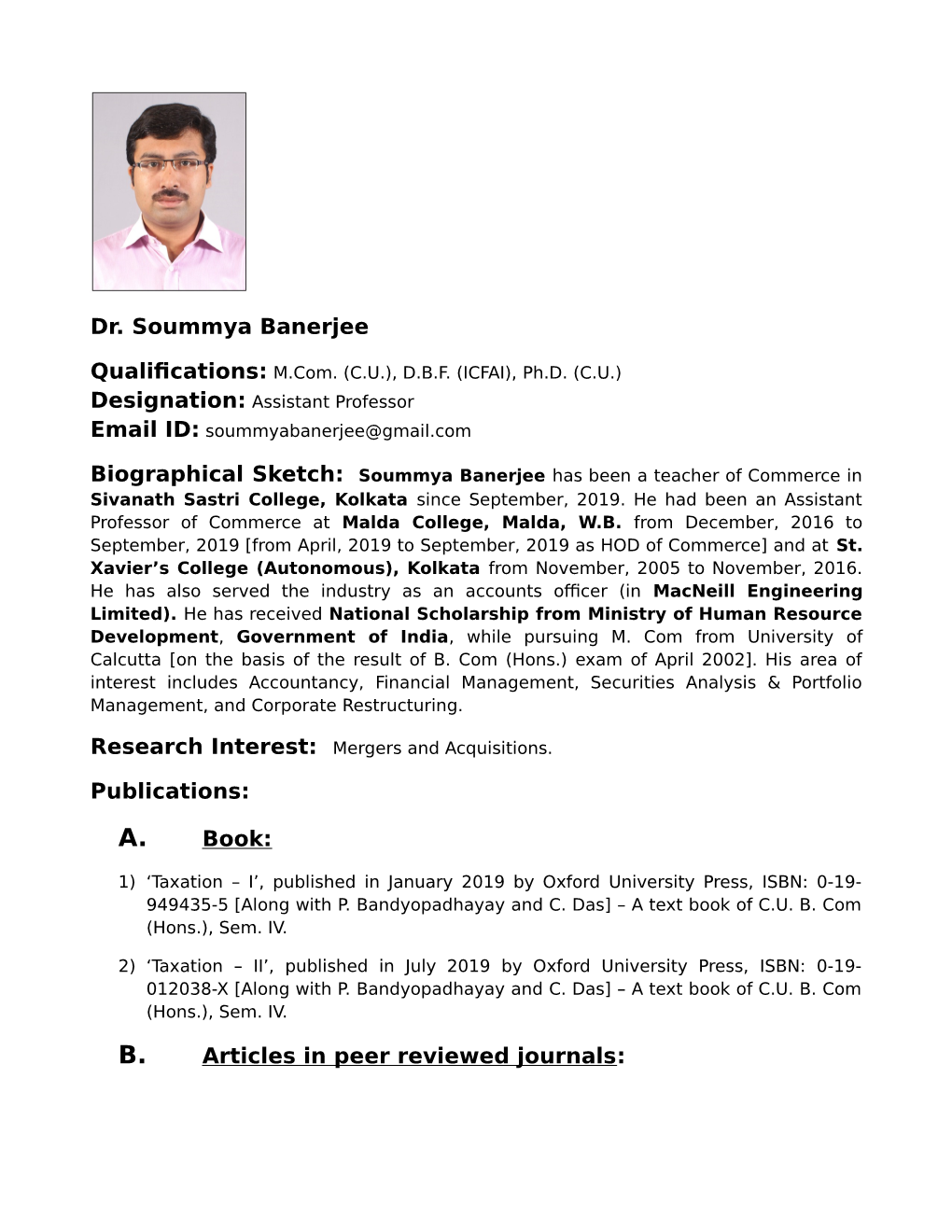 Dr. Soummya Banerjee Publications: Book: Articles in Peer Reviewed