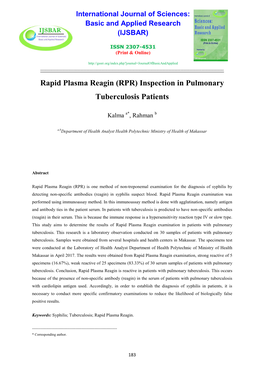 Rapid Plasma Reagin (RPR) Inspection in Pulmonary Tuberculosis Patients
