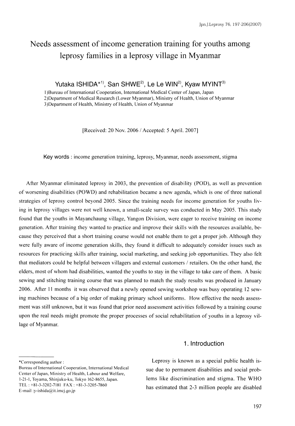 Needs Assessment of Income Generation Training for Youths Among Leprosy Families in a Leprosy Village in Myanmar