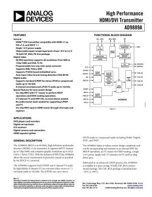 AD9889A High Performance HDMI/DVI Transmitter Data Sheet
