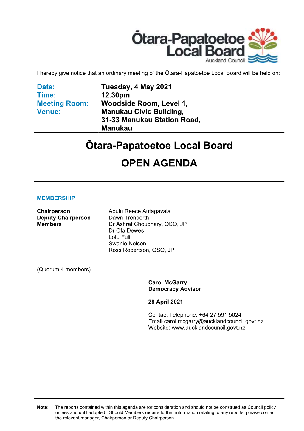 Agenda of Ōtara-Papatoetoe Local Board