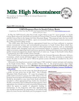 Mile High Mountaineer the Newsletter of the Denver Group of the Colorado Mountain Club Volume 42, No