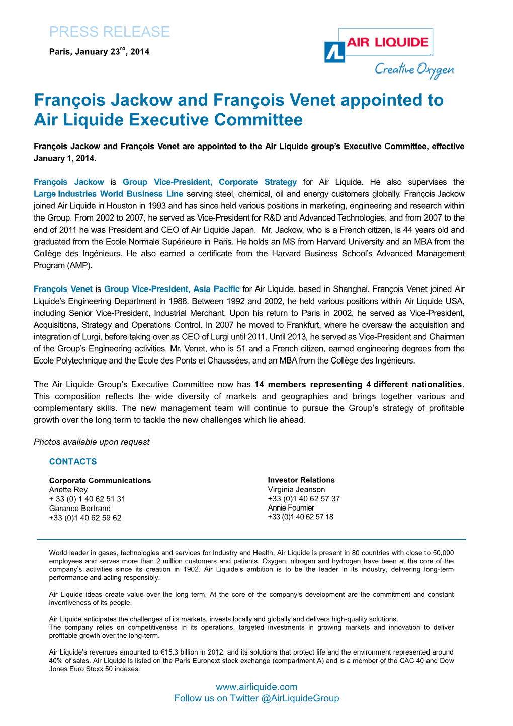 François Jackow and François Venet Appointed to Air Liquide Executive Committee