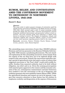 Rumor, Belief, and Contestation Amid the Conversion Movement to Orthodoxy in Northern Livonia, 1845–1848