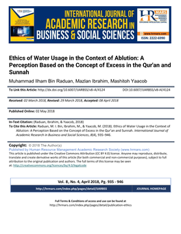 Ethics of Water Usage in the Context of Ablution: a Perception Based on the Concept of Excess in the Qur'an and Sunnah